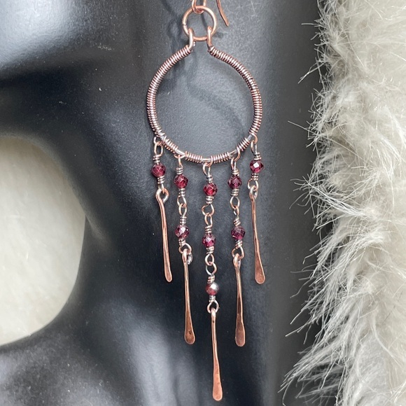 Hand Crafted Copper Red Garnet Crystal Beaded Dangle Chandelier Earrings - Picture 17 of 17